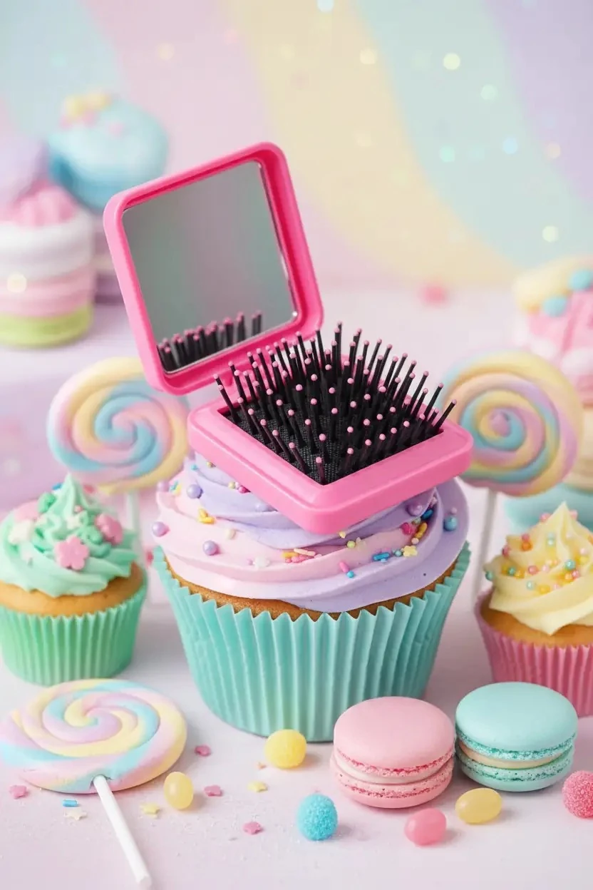 Aynalı Seyahat Saç Fırçası – Cupcake Figürlü Katlanabilir Tarak
