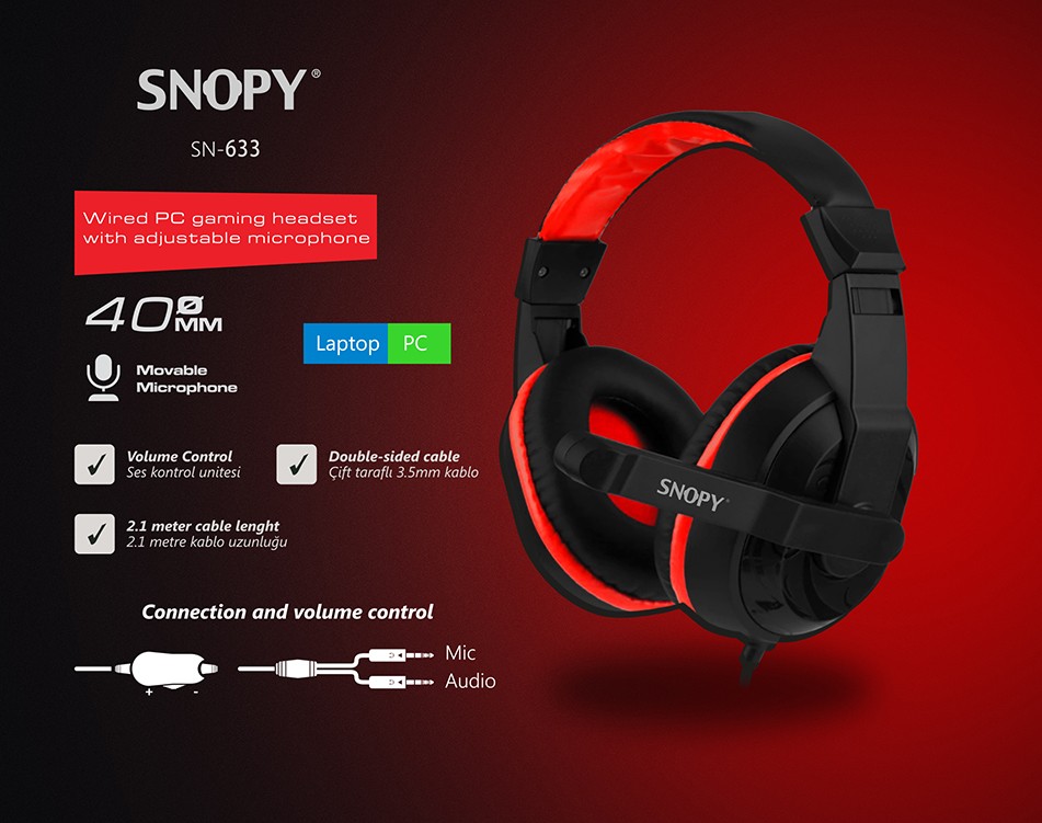 Snopy SN-633 X-BLOOM Kulak Üstü Gaming Oyuncu Mikrofonlu Kulaklık Siyah/kırmızı