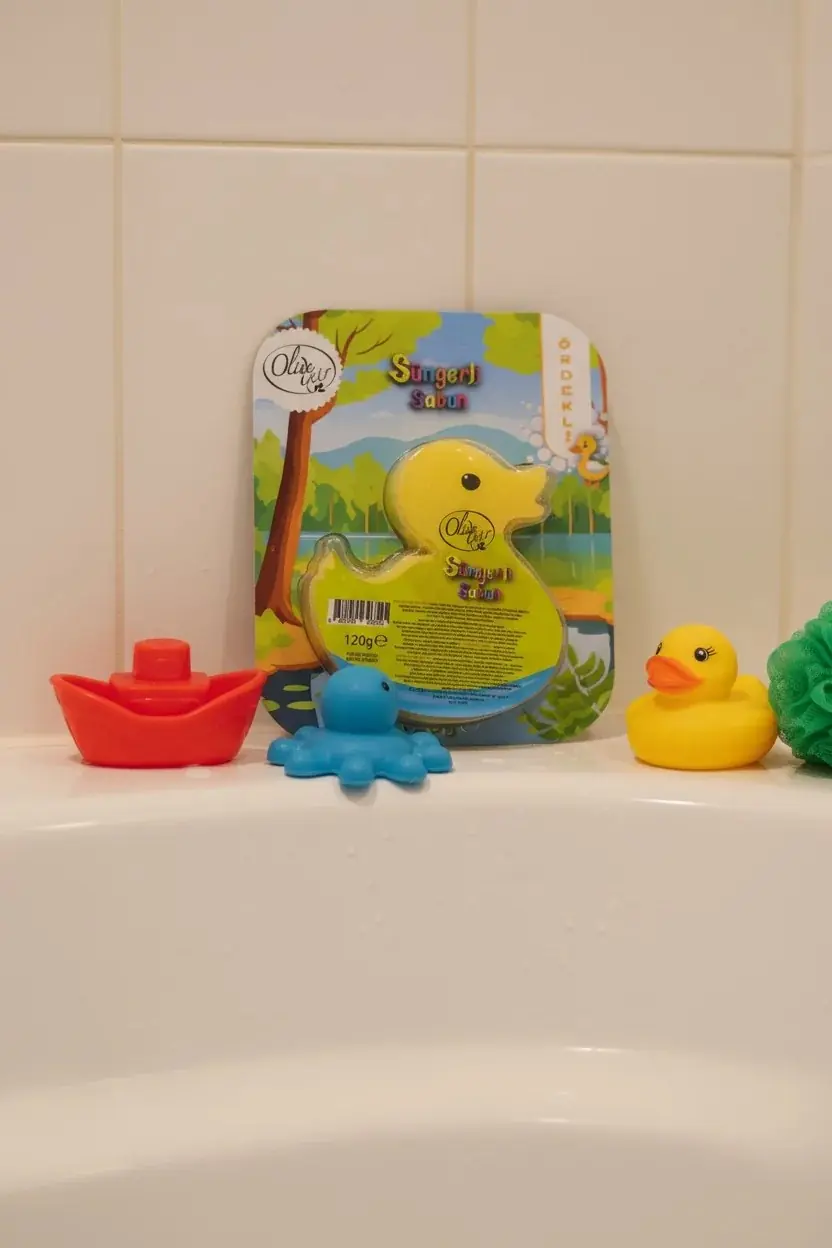 MINISO Ördek Figürlü Süngerli Sabun – 2’si 1 Arada Eğlenceli Tasarımlı Pratik Banyo Süngeri