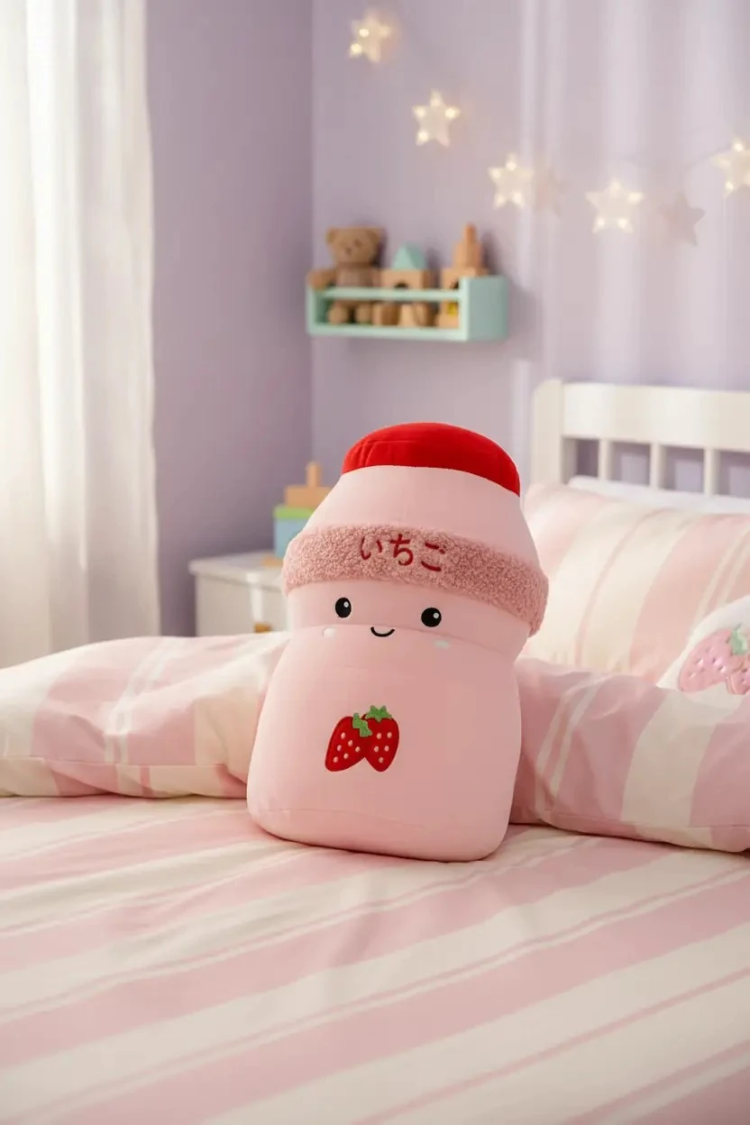 Miniso Lisanslı Çilekli Milkshake Figürlü Dekoratif Yastık 28 Cm – Yumuşak Eğlenceli Tasarım
