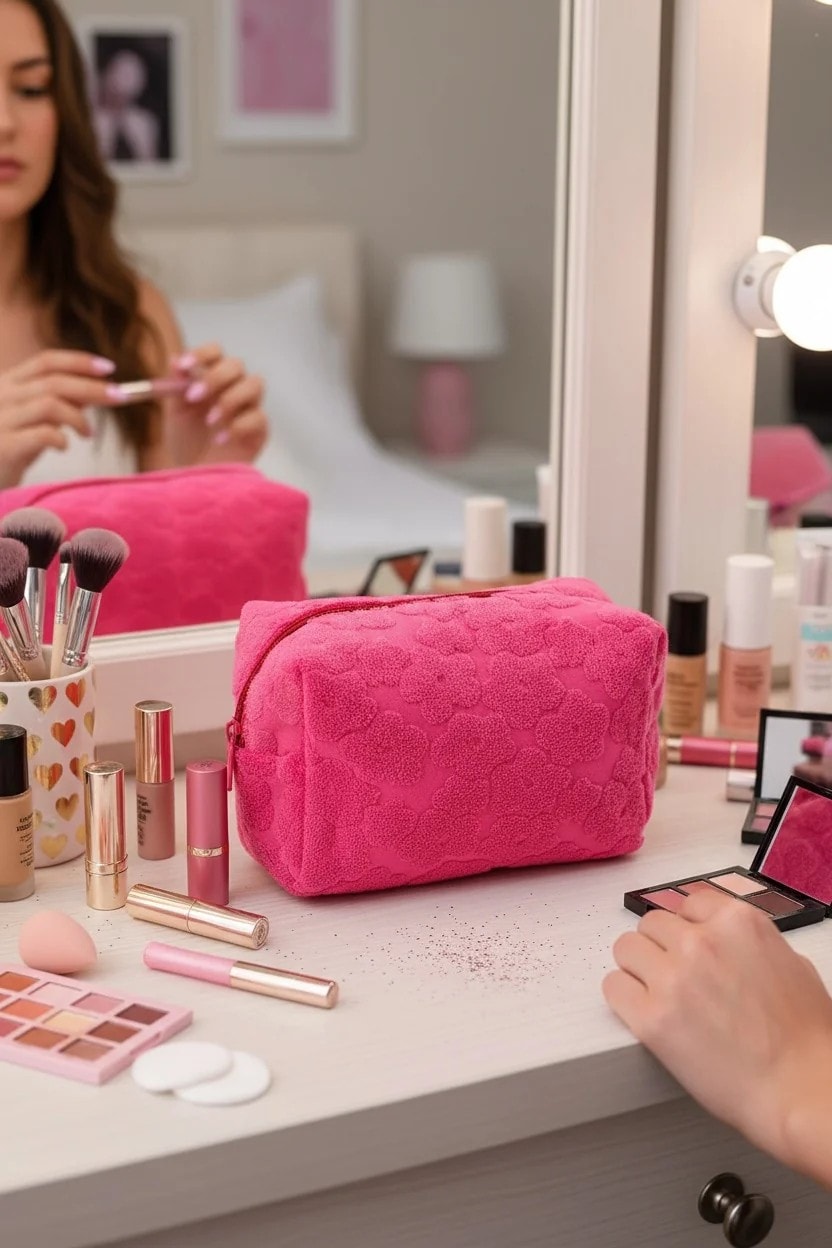 Yaz Renkleri Serisi Çiçek Dokulu Peluş Kalemlik - Makyaj Çantası (Pembe)