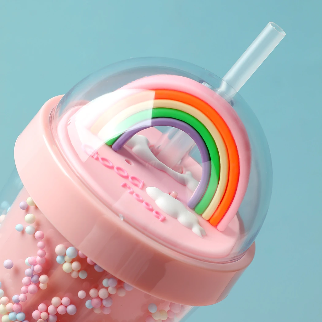 Gökkuşağı Figürlü Boncuklu Pipetli Plastik Su Şişesi (420Ml) (Outlet)