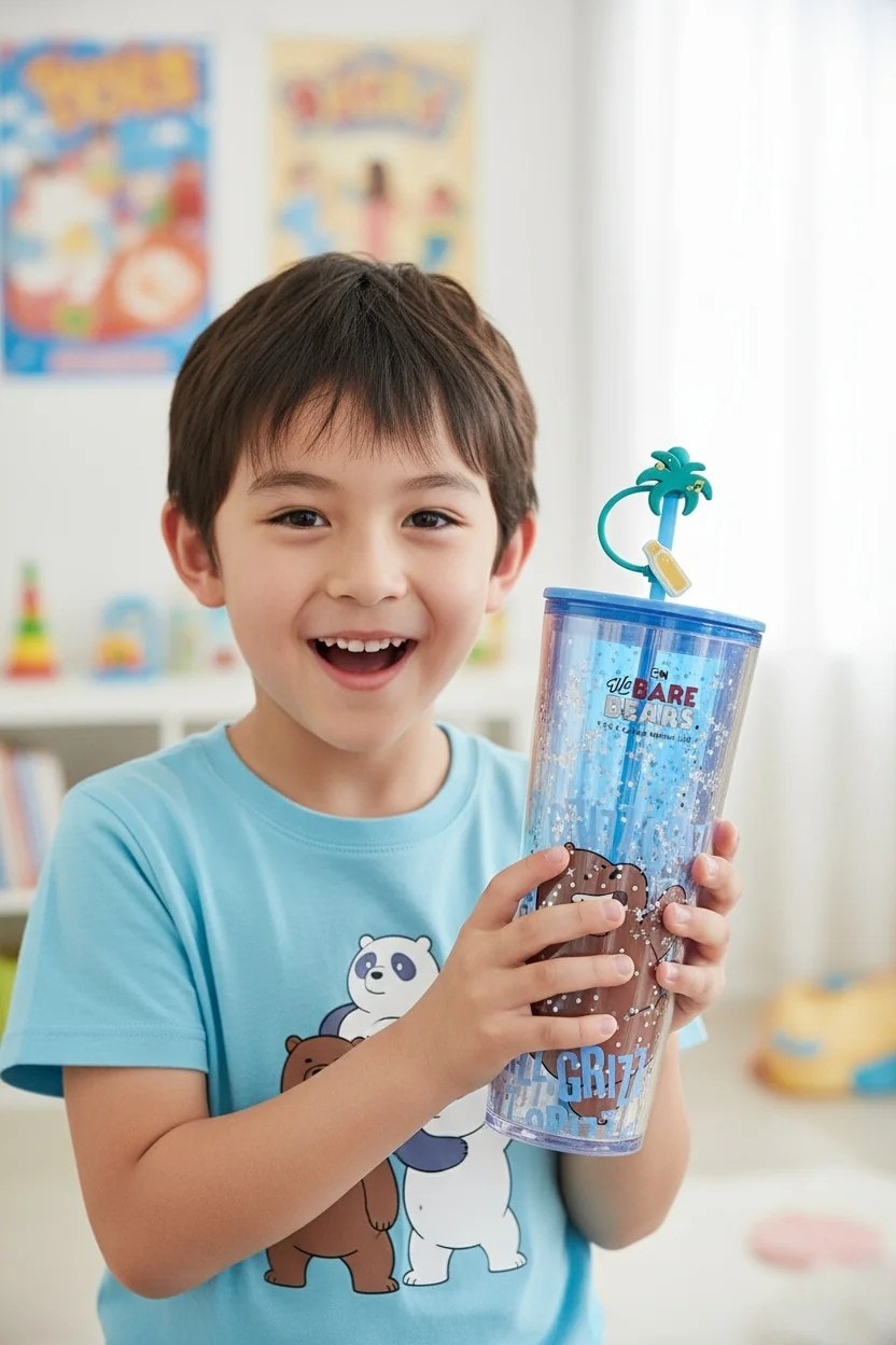 We Bare Bears Lisanslı Pipetli Çift Cidarlı Plastik Bardak (800mL) (Boz Ayı)
