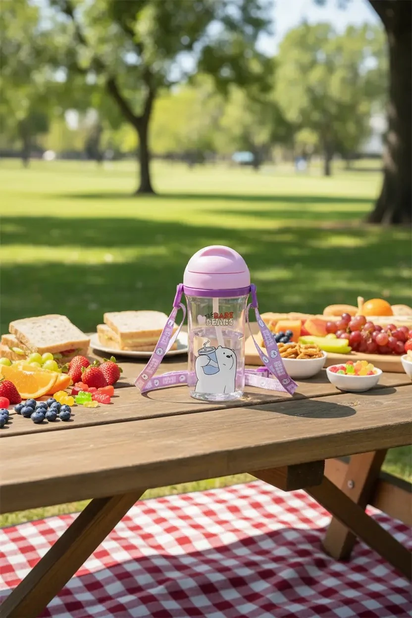 We Bare Bears Lisanslı Kutup Ayısı Pipetli Suluk – Ayarlanabilir Askılı Sızdırmaz Matara 400 ML