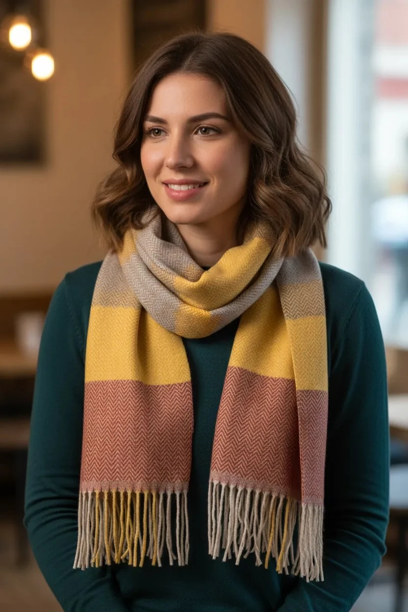 Yumuşak Dokulu Balık Sırtı Desenli Oranj Kalın Omuz Şalı