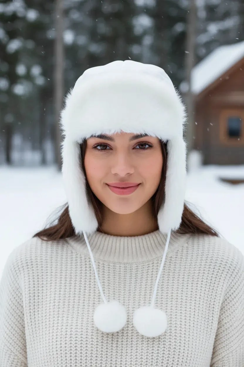 Aw24 Sheforshe 12806 Kürklü Kulaklıklı Bere / Beyaz