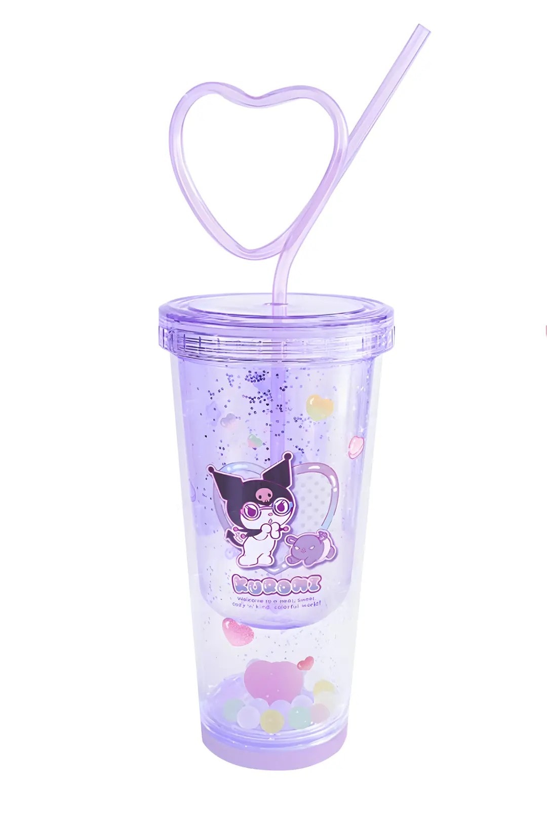 Sanrio Lisanslı Kuromi Tatlı Fabrikası Serisi Kalp Çift Duvarlı Plastik Şişe Pipetli 440 mL