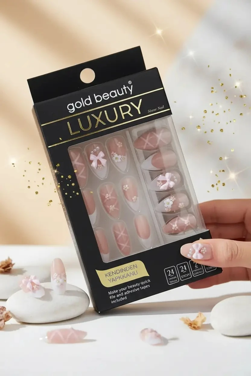 Gold Beauty Taşlı Takma Tırnak – Kendinden Yapışkanlı ve Zarif Detaylı Pratik Set