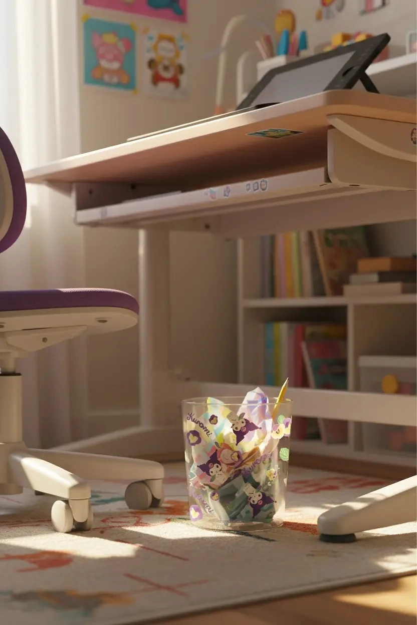 Sanrio Lisanslı Çiçek Desenli Şeffaf Çöp Kovası - Kuromi