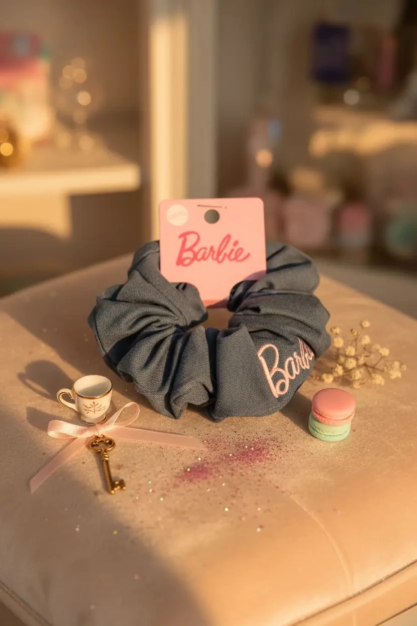 Barbie Lisanslı Pembe Serisi Saç Tokası – Denim Görünümlü Nakışlı Şık Lastik Toka 13 Cm