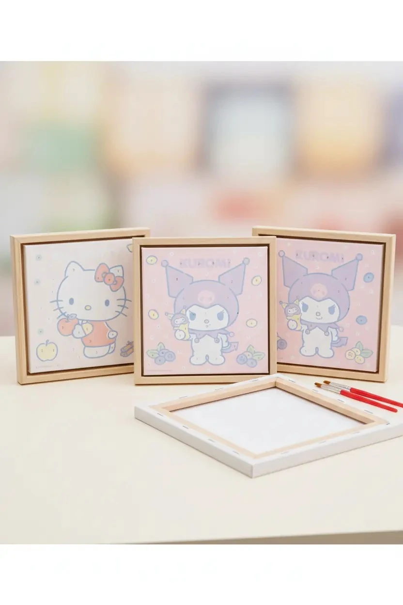 Sanrio Lisanslı Hello Kitty ve Arkadaşları Numaralı Yağlıboya Tablo Seti – Çam Çerçeveli Tuval ve Akrilik Boya İçerikli Hobi Seti 20x20 Cm