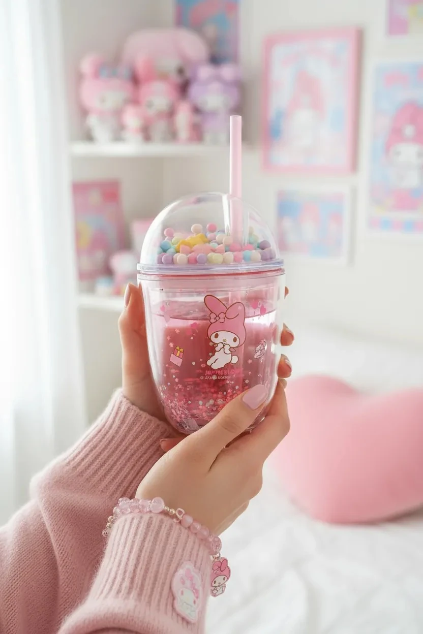Sanrio Lisanslı Boncuklu Kapaklı Pipetli Plastik Şişe (435Ml) - My Melody