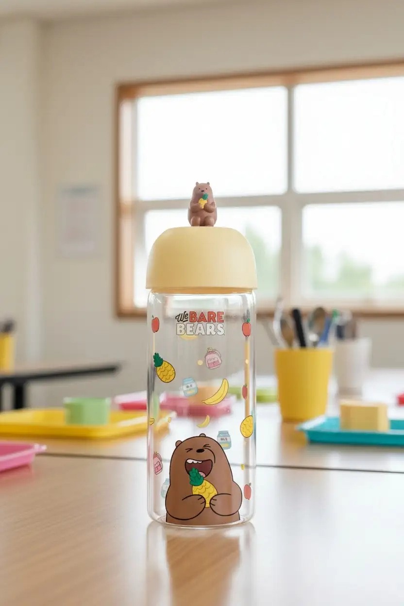 We Bare Bears Lisanslı Figürlü Borosilikat Cam Şişe (420Ml)-Boz Ayı