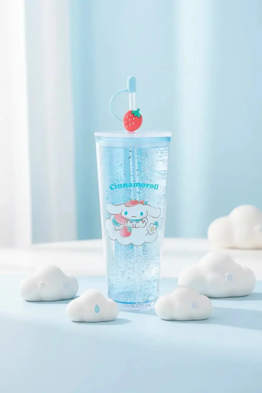 Sanrio Cinnamoroll Lisanslı Çift Cidar Pipetli Plastik Şişe