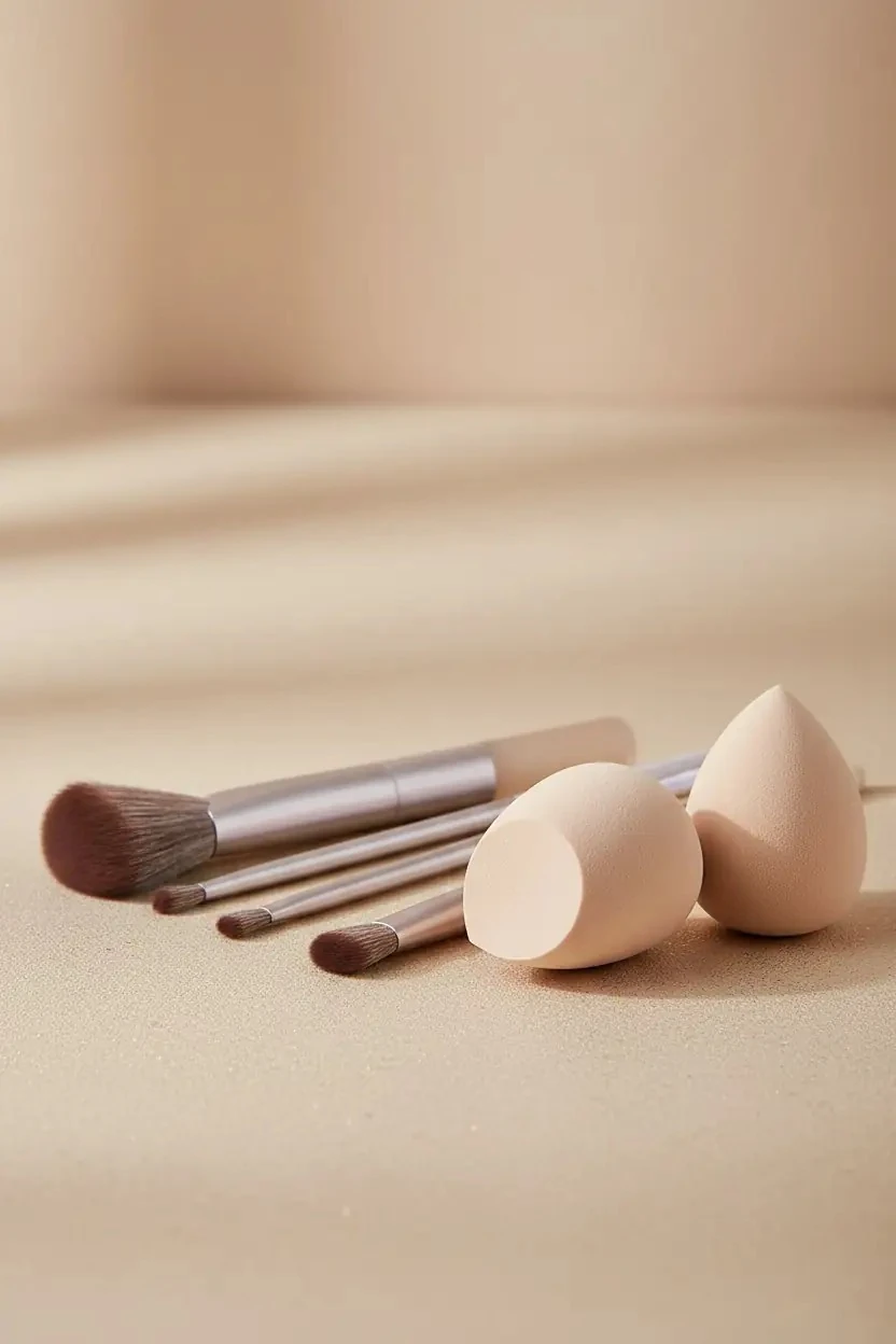 Miniso Lisanslı Altın Renkli 7'li Makyaj Sünger ve Fırça Seti - Profesyonel Yüz ve Göz Makyaj Seti 19 cm