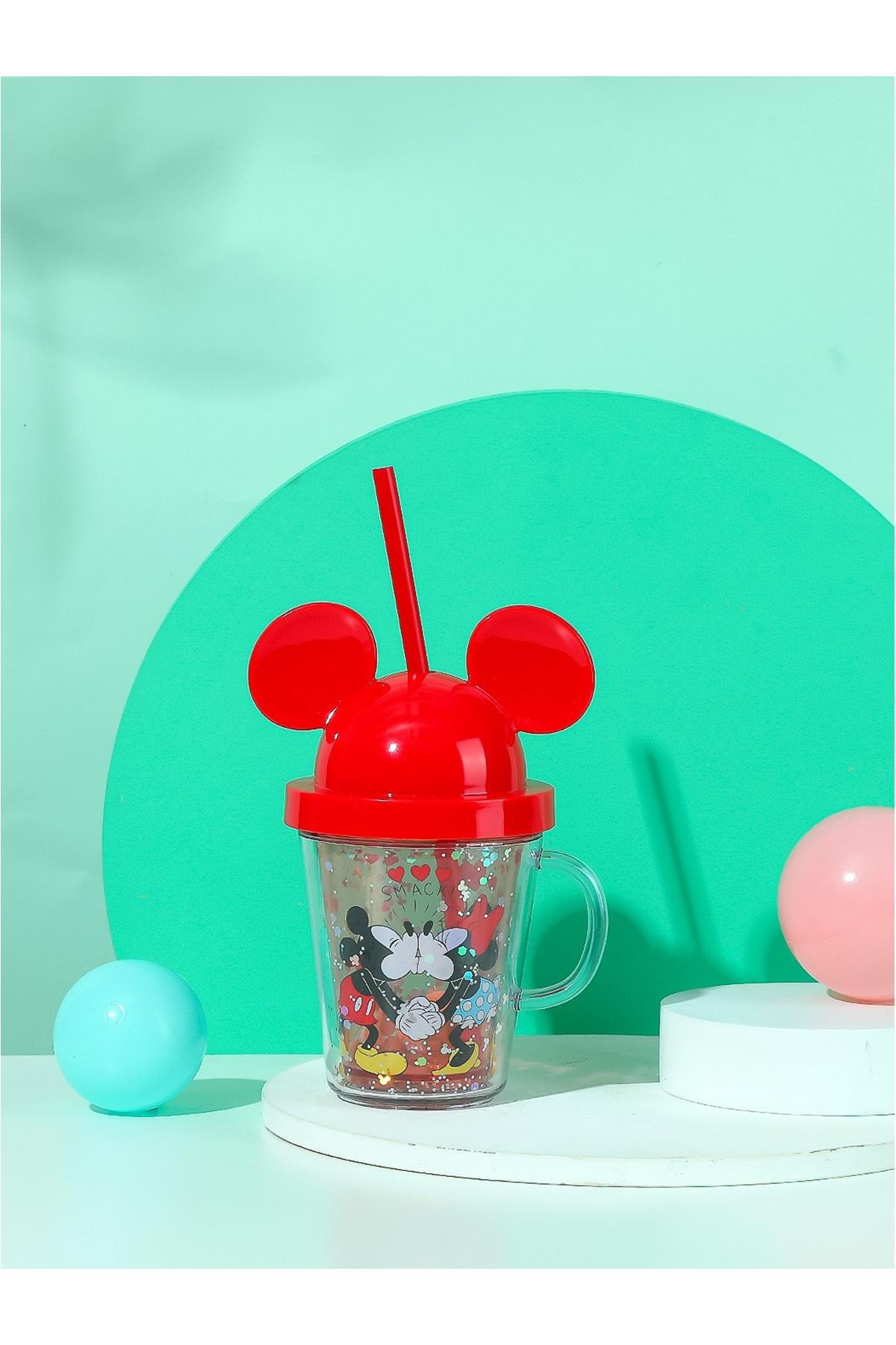 Mickey Mouse Karakterli Kapaklı Ve Pipetli Bardak