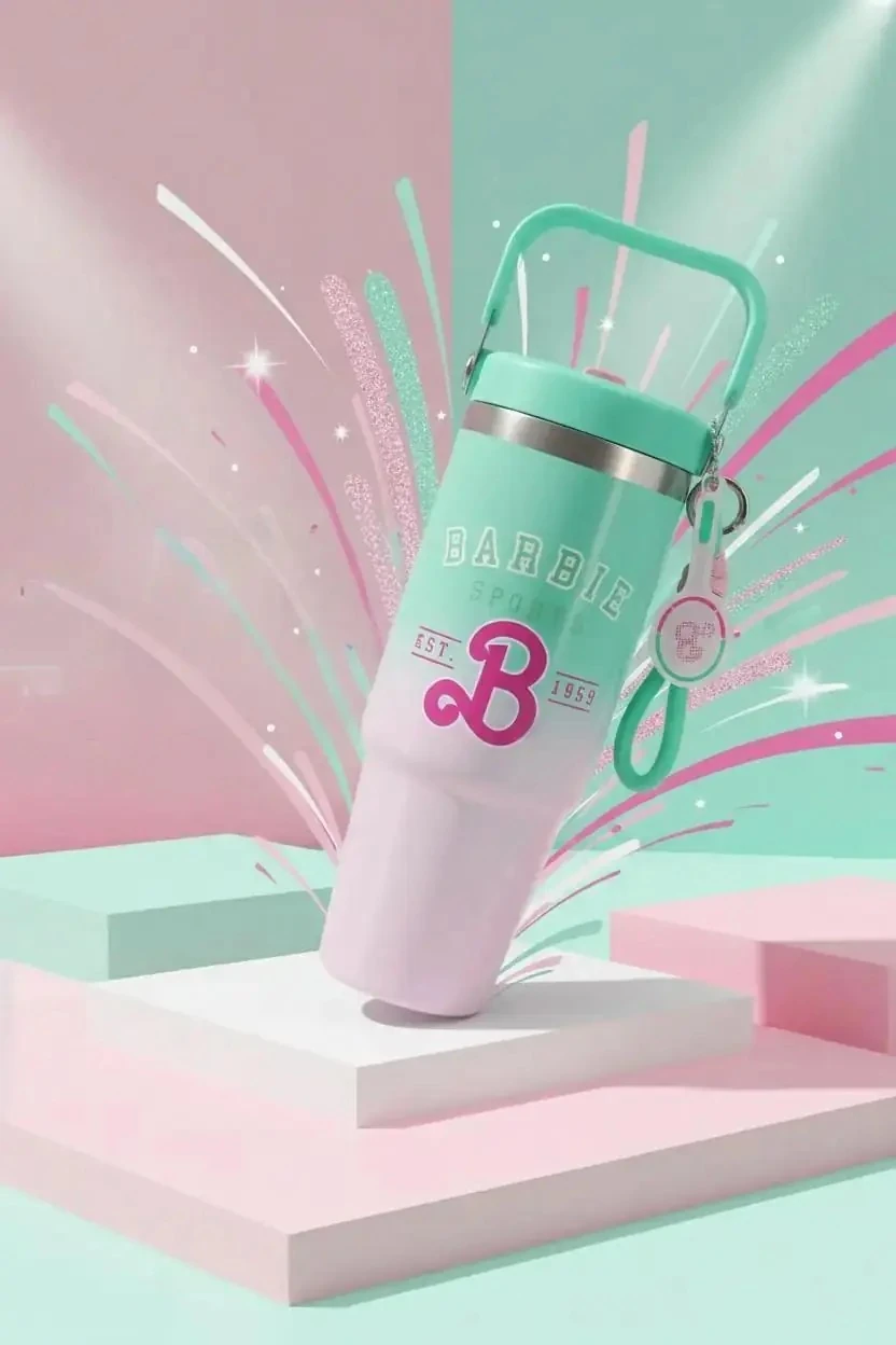 Barbie Lisanslı Pipetli Çift Cidarlı Çelik Matara 24,5 Cm – Tutacaklı