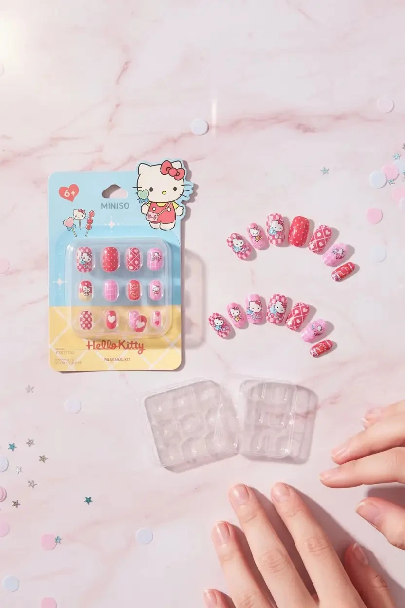Sanrio Lisanslı Hello Kitty Jöle Yapışkanlı Takma Tırnak Seti Kırmızı – Şeritli Enerjik Tasarım