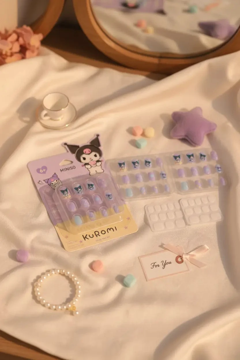 Sanrio Lisanslı Kuromi Jöle Yapışkanlı Takma Tırnak Seti Mavi – Şeritli Modern Tasarım