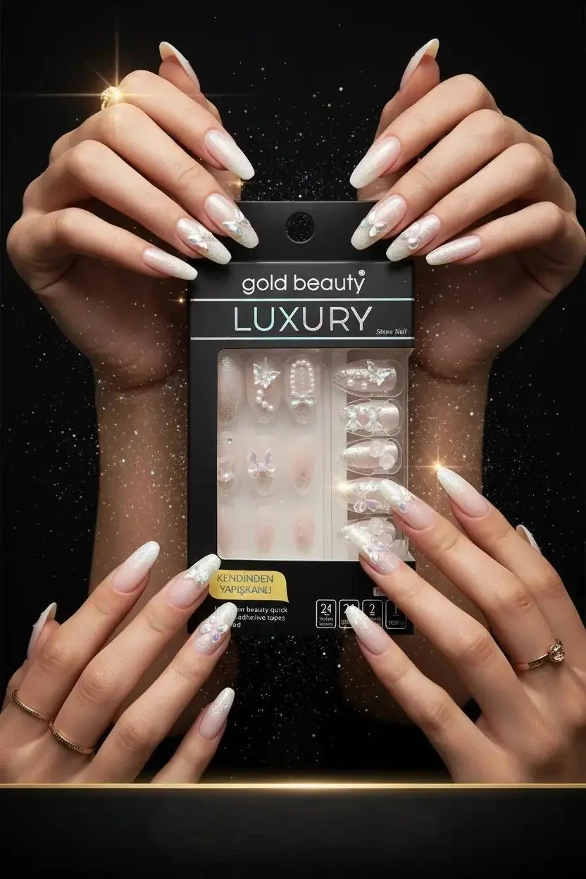 Gold Beauty Taşlı Takma Tırnak – Kendinden Yapışkanlı ve Zarif Detaylı Pratik Set