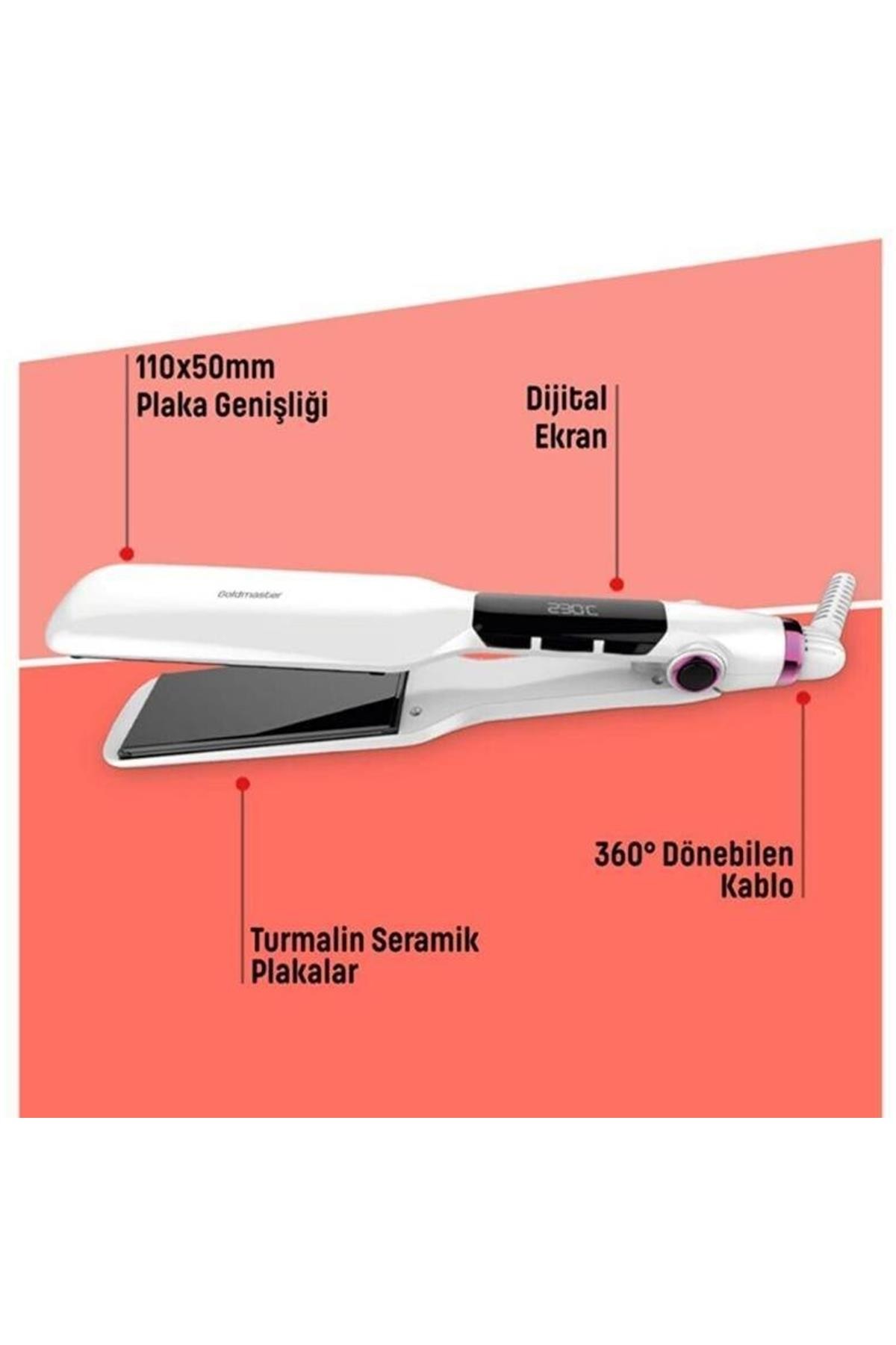 Goldmaster Diamond Dijital Ekran Seramik Geniş Plakalı 360 Derece Kablo Saç Düzleştirici