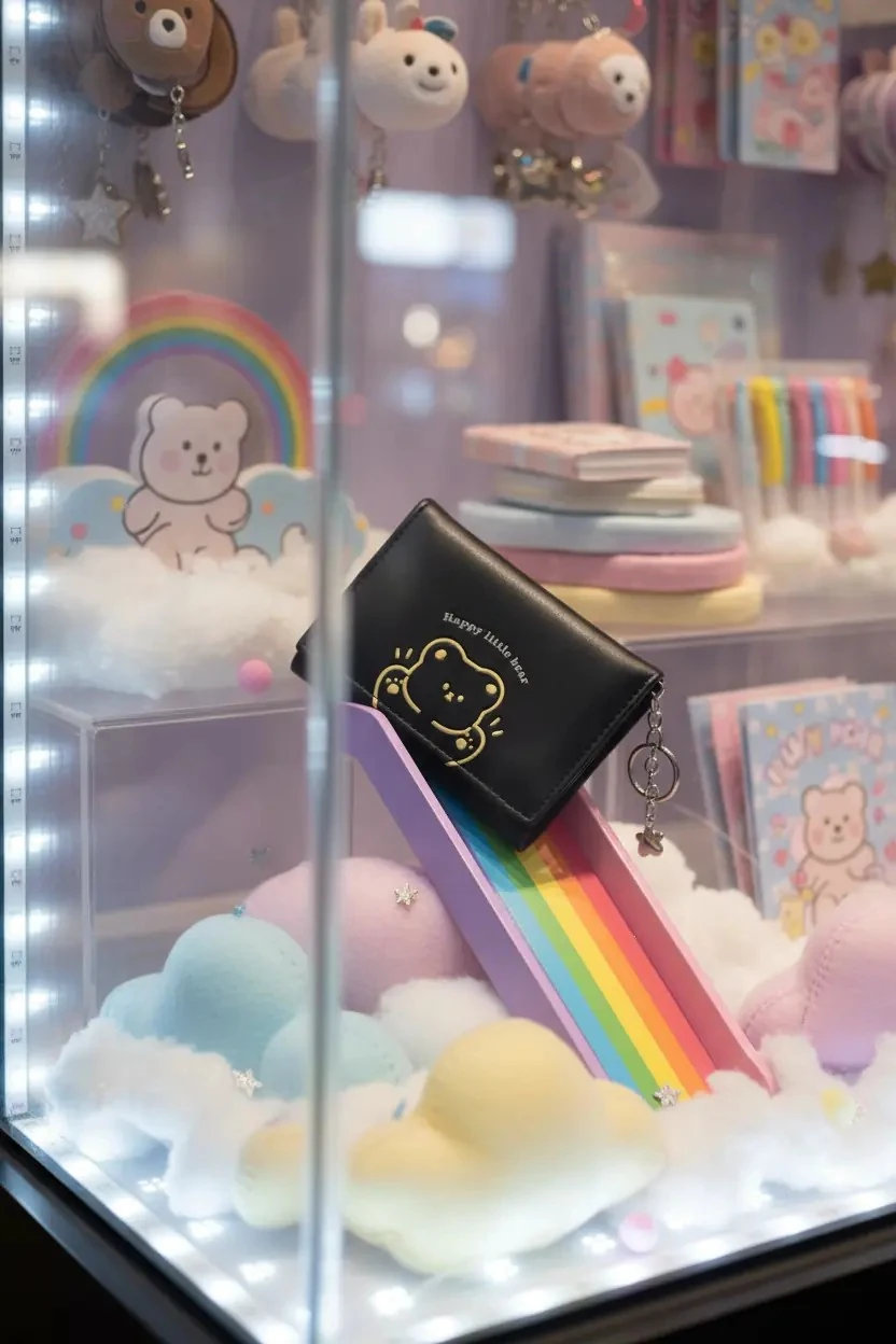 Küçük Ayı Serisi Üç Bölmeli Kadın Cüzdanı (Siyah)