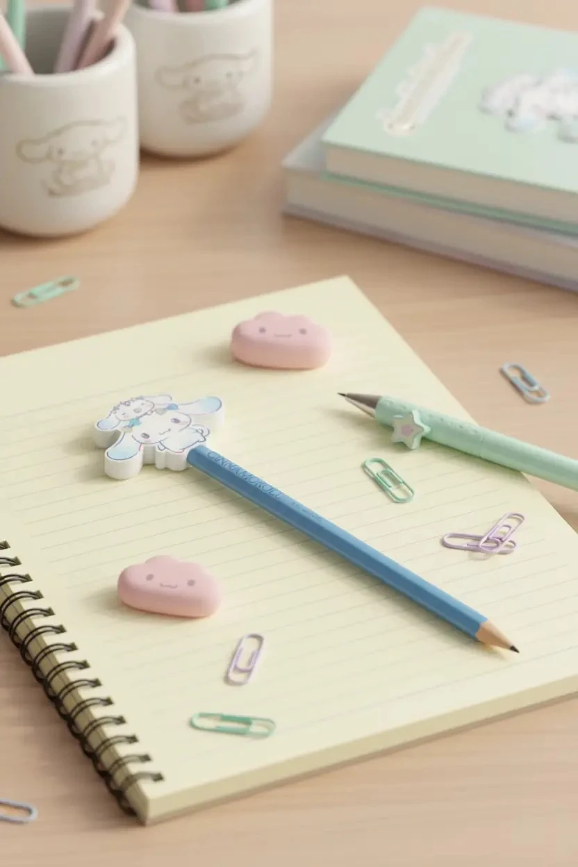 Sanrio Lisanslı Cinnamoroll Kalem ve Silgi Seti – Sevimli Okul ve Ofis Aksesuarı 19 Cm