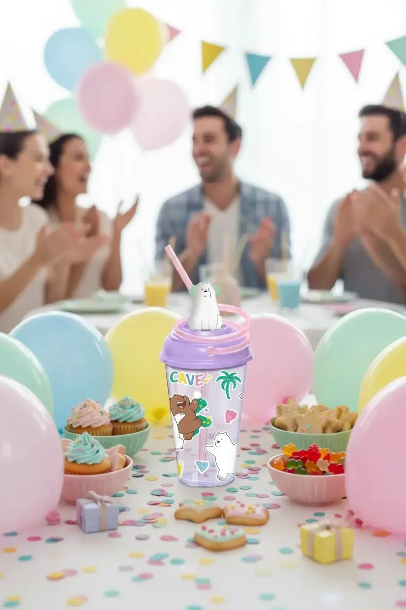 We Bare Bears Lisanslı Döndürülen Pipetli Plastik Bardak