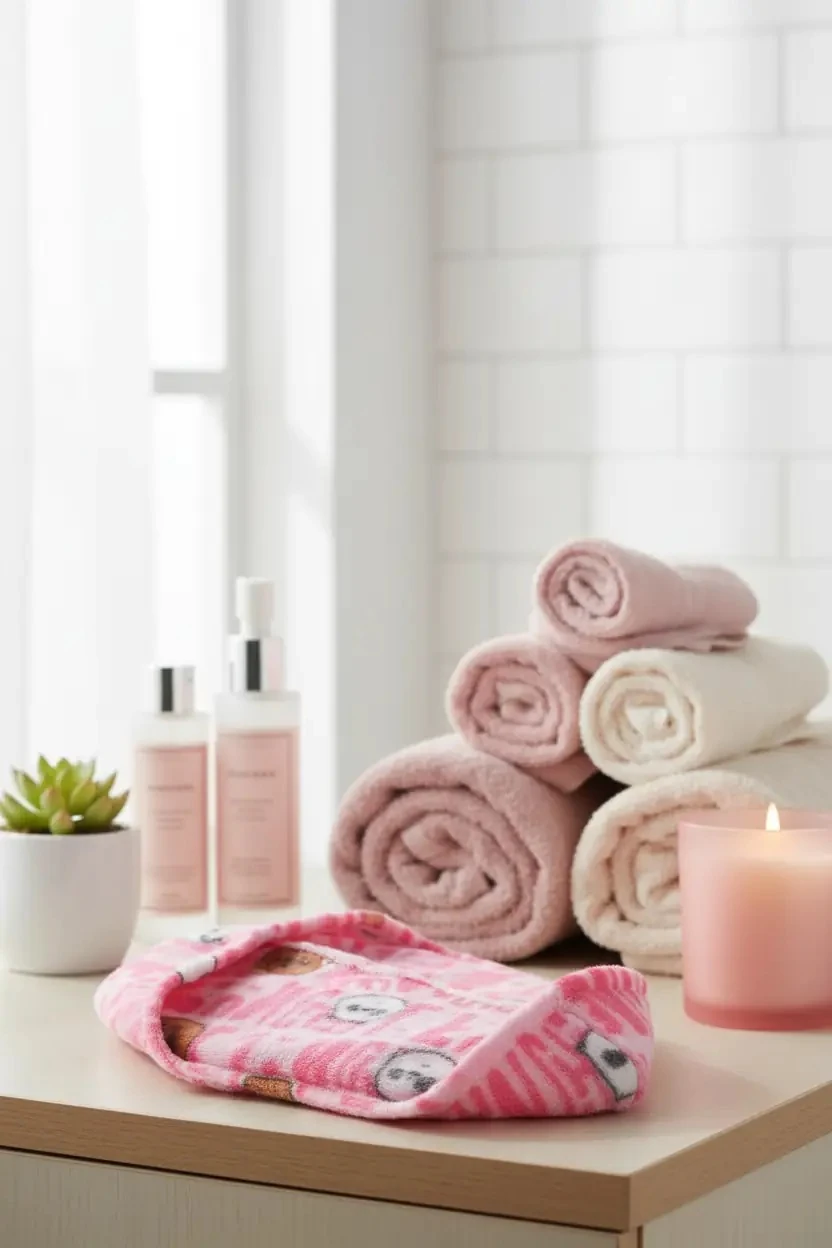 We Bare Bears Lisanslı Baskılı Saç Havlusu - Pembe