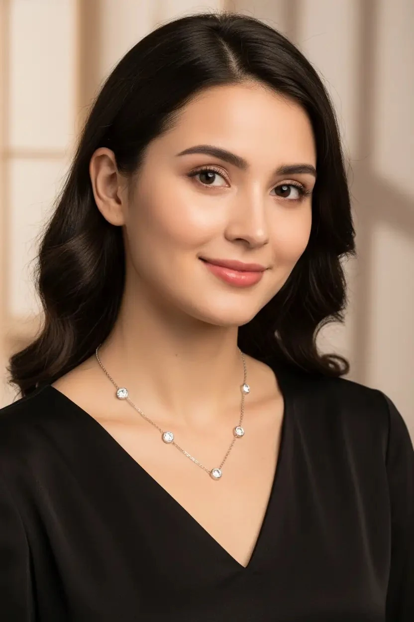 Yuvarlak Taşlı Çelik Kolye- Gümüş