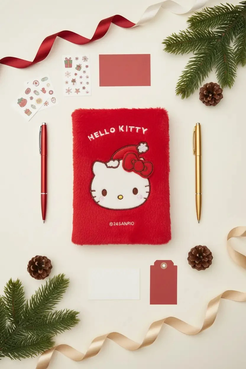 Sanrio Lisanslı Hello Kitty Yılbaşı Peluş Defter A5 80 Yaprak – Kırmızı