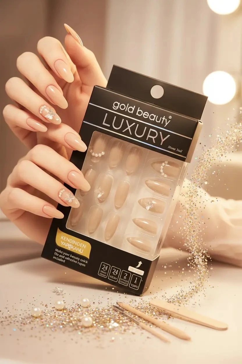 Gold Beauty Taşlı Takma Tırnak – Kendinden Yapışkanlı ve Zarif Detaylı Pratik Set