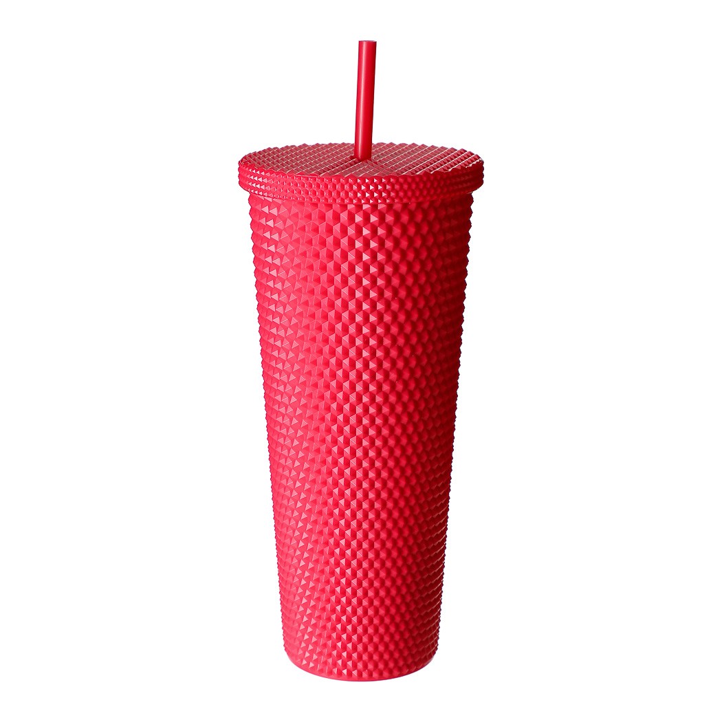 Dokulu Tasarım Pipetli Plastik Şişe (680ml) - Kırmızı