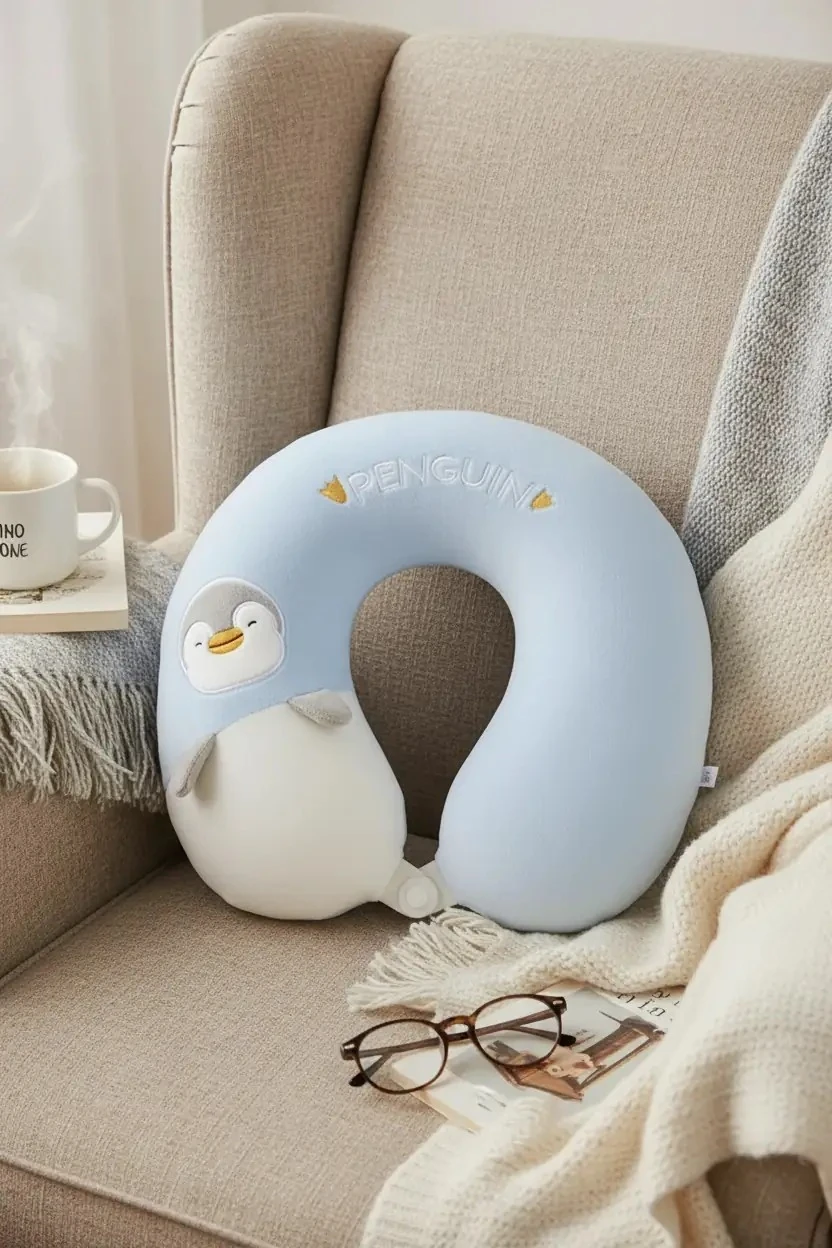 Hafızalı Sünger Kadife Dokulu Boyun Yastığı,Seyahat Yastığı - Penguen 32 Cm