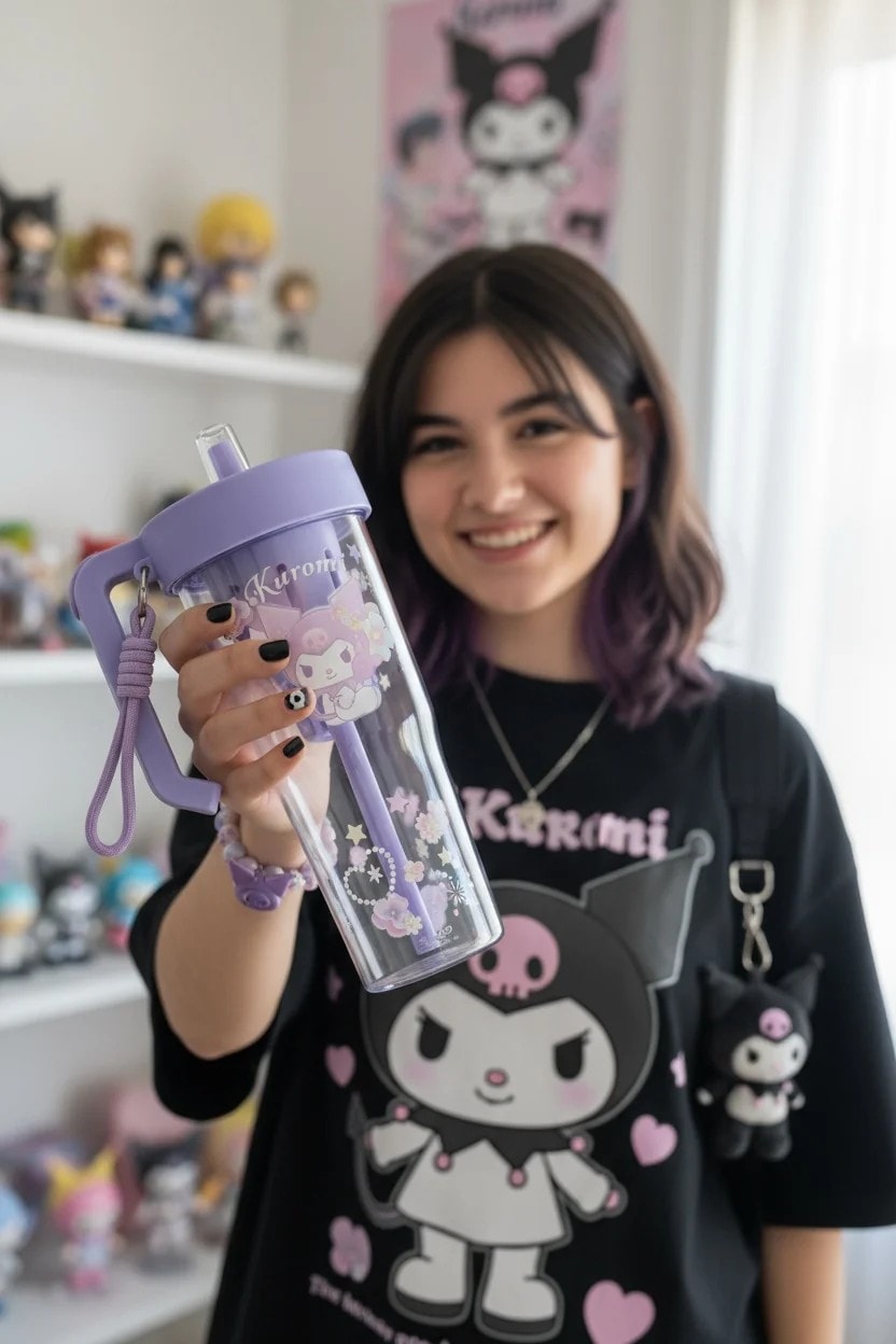 Sanrio Lisanslı  Kuromi  Çiçek Dili Serisi Saplı ve Pipetli Plastik Şişe 1250mL