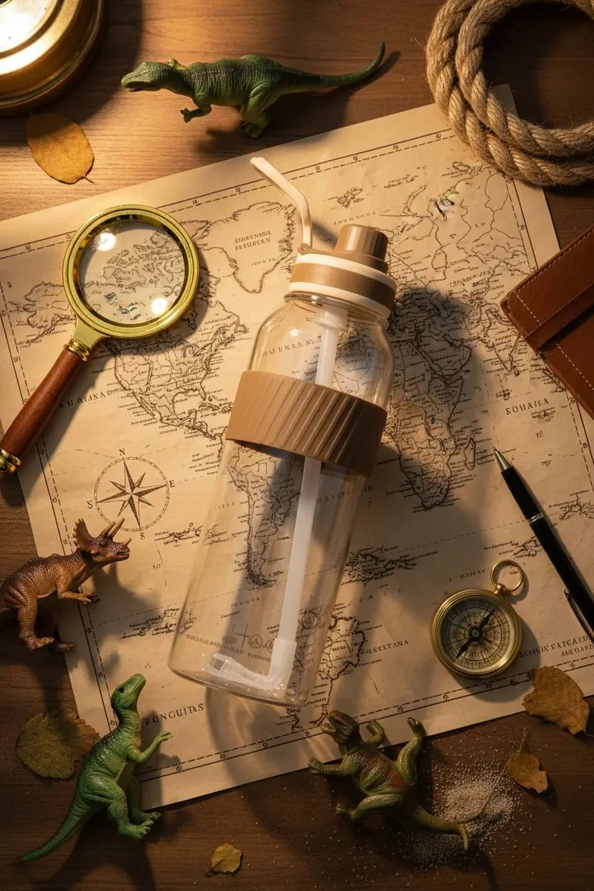 Jurassic World Saplı ve Pipetli Plastik Şişe 1000 mL (Kahverengi)