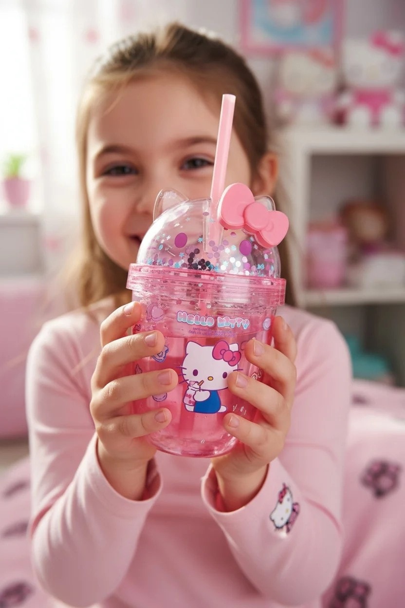 Sanrio Lisanslı Hello Kitty Tatlı Fabrikası Serisi Plastik Şişe Pipetli ve Süslemeli 435 mL