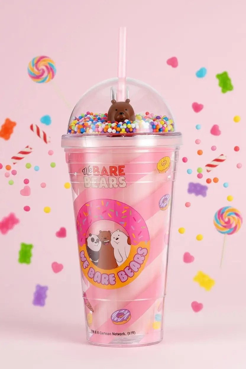 We Bare Bears Lisanslı Boncuklu Pipetli Plastik Şişe 480 Ml - Pembe (Outlet)