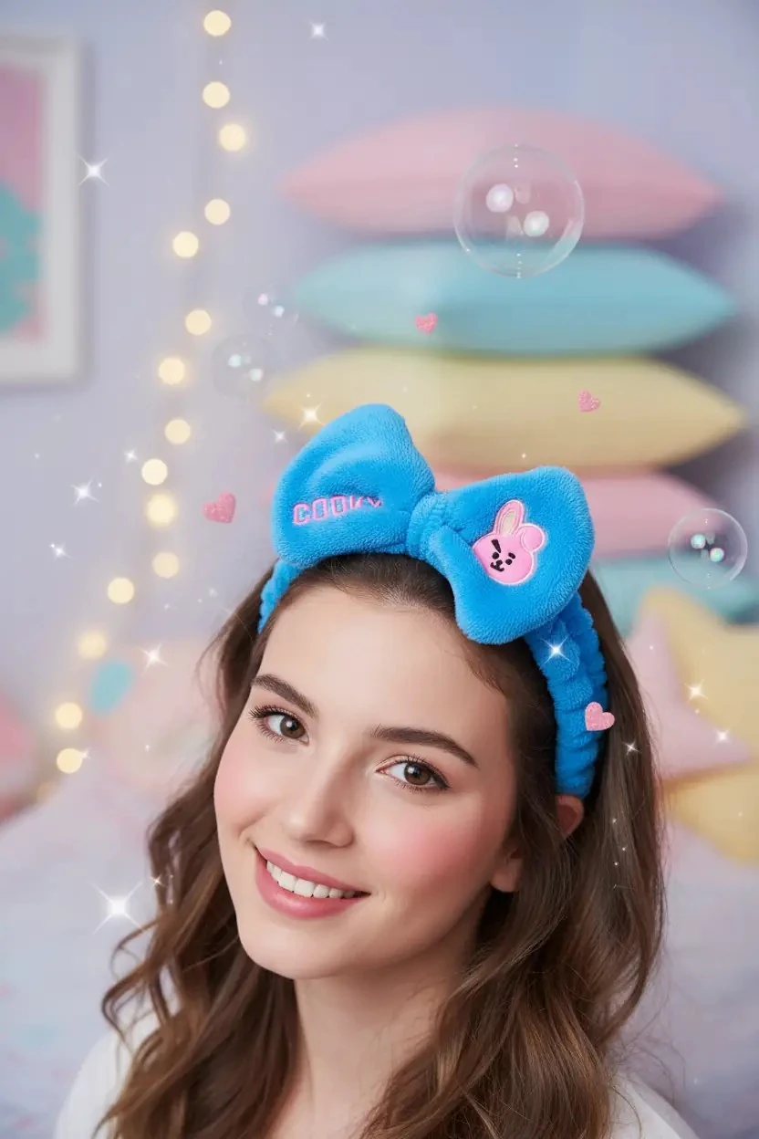 BT21 Cooky Lisanslı Saç Bandı – Yumuşak Dokulu & Esnek – Pembe Bakım Bandı
