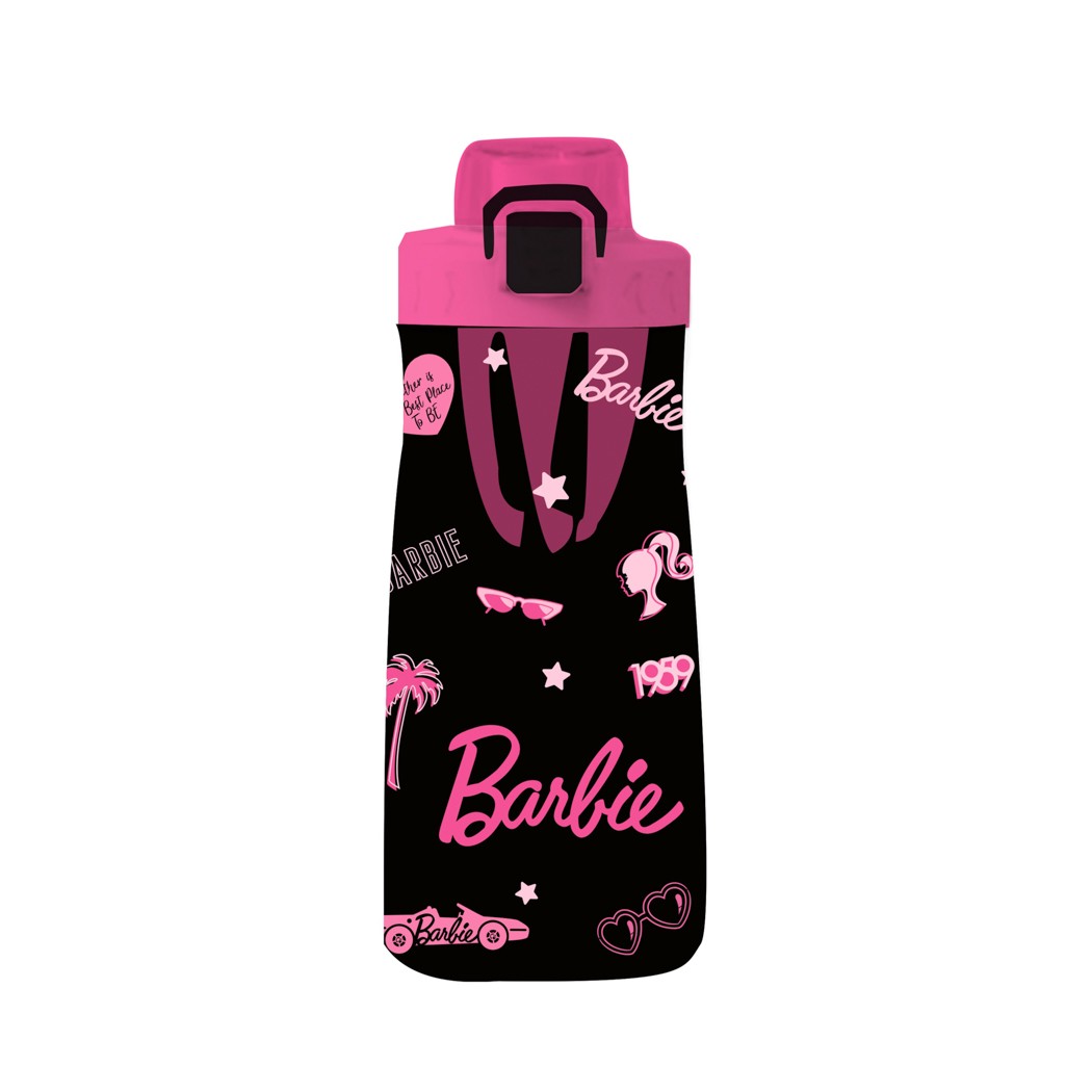 Barbie Lisanslı Baskılı Pipetli Kapaklı Plastik Şişe - Siyah