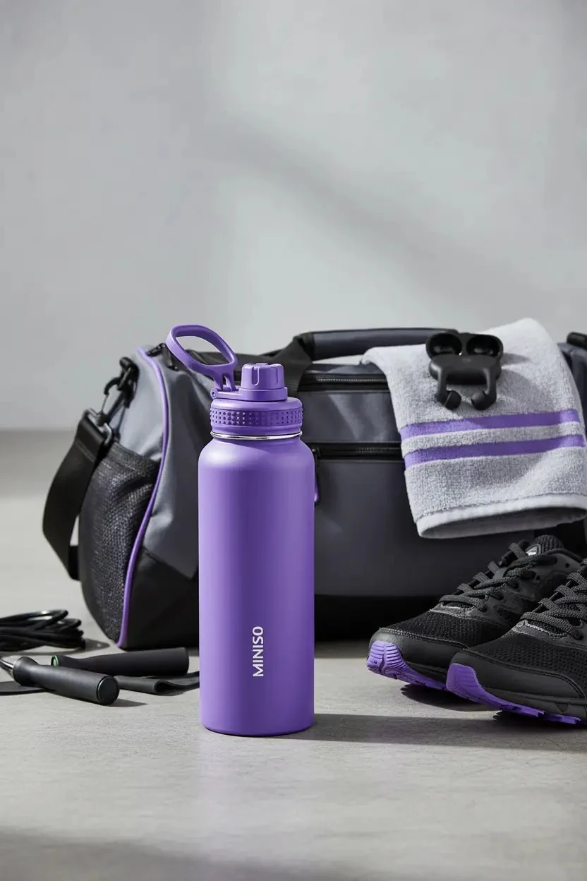 Miniso Lisanslı Klasik Tasarım Çelik Su Kabı – Sızdırmaz Kapaklı Ergonomik Tutacak Mor 1400 ML