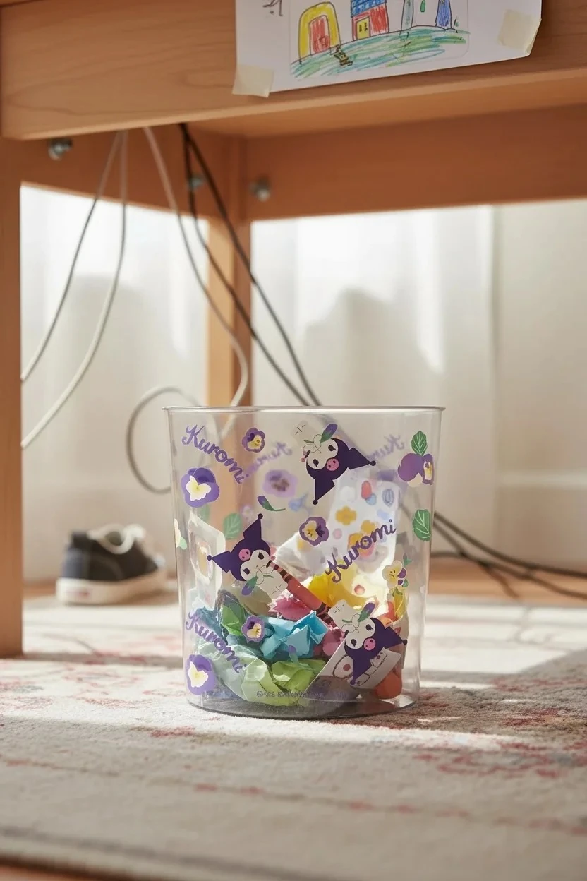 Sanrio Lisanslı Çiçek Desenli PET Şeffaf Çöp Kovası - Kuromi