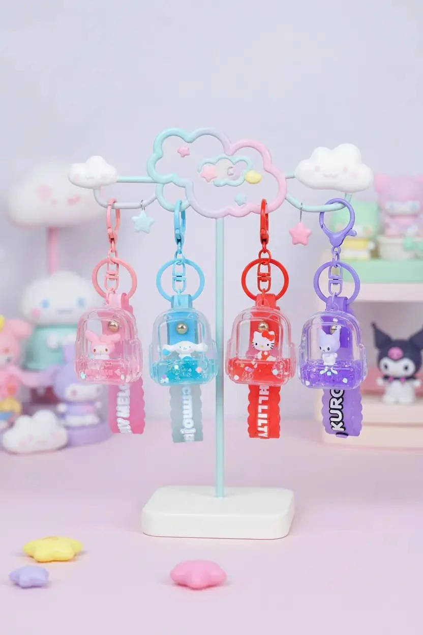 Sanrio Lisanslı Sırt Çantası Figürlü Sulu Anahtarlık - Şeffaf ve Hareketli Tasarım Çanta Aksesuarı