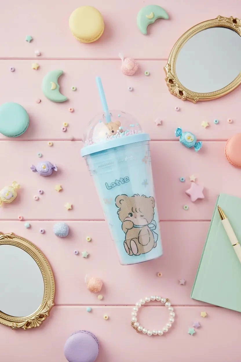 Mikko Lisanslı Boncuklu ve Pipetli Figürlü Kapaklı Plastik Şişe Latte 480 ml