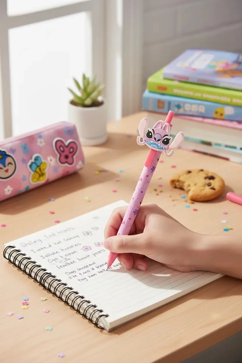 Disney Lisanslı Lilo & Stitch Angel Figürlü Tükenmez Kalem Seti – Masaüstü Dekoratif Standlı Yazı Seti