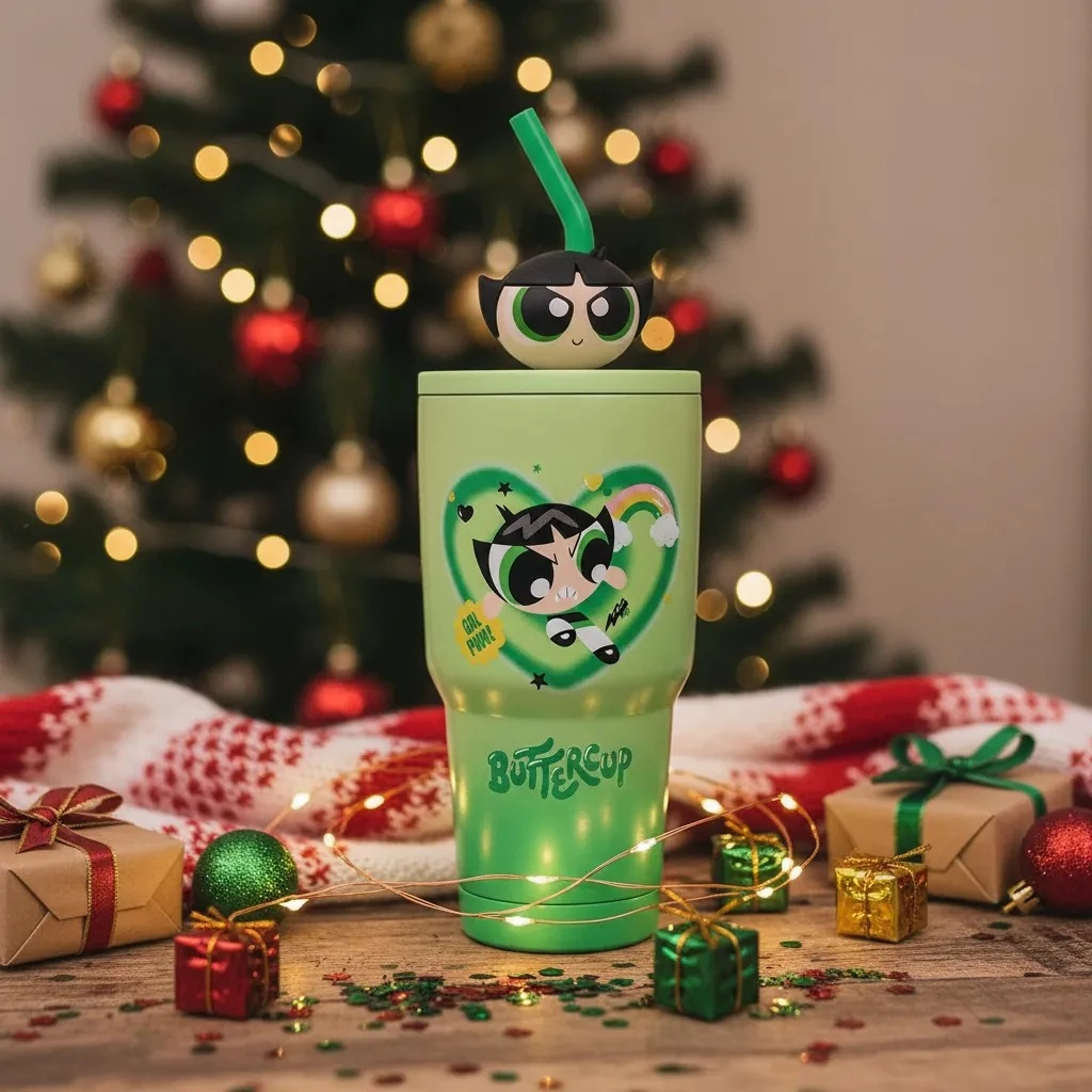 Powerpuff Girls Lisanslı Pipetli Paslanmaz Çelik Termos 900 ML - Buttercup