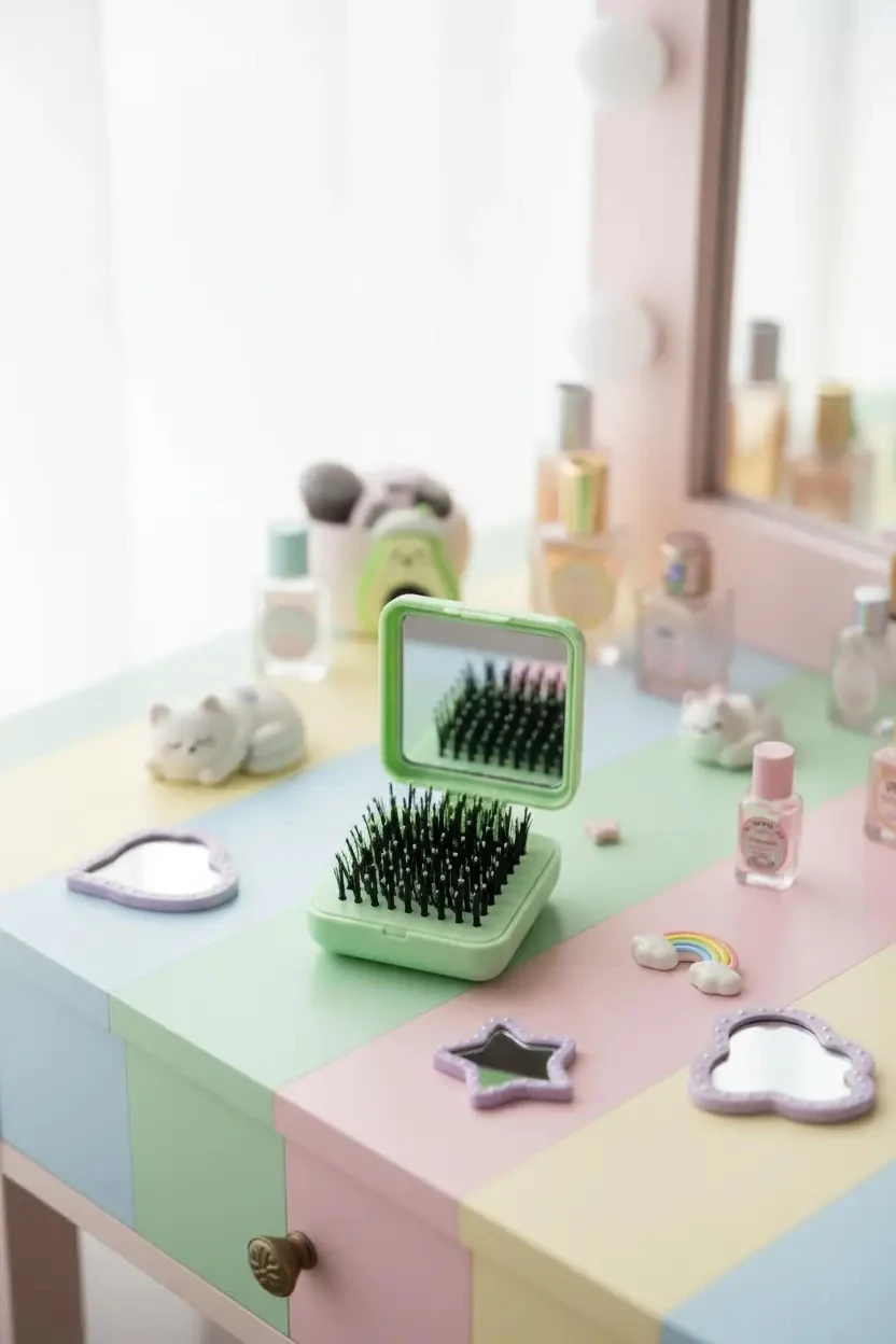 Aynalı Seyahat Saç Fırçası – Avokado Figürlü Katlanabilir Tarak