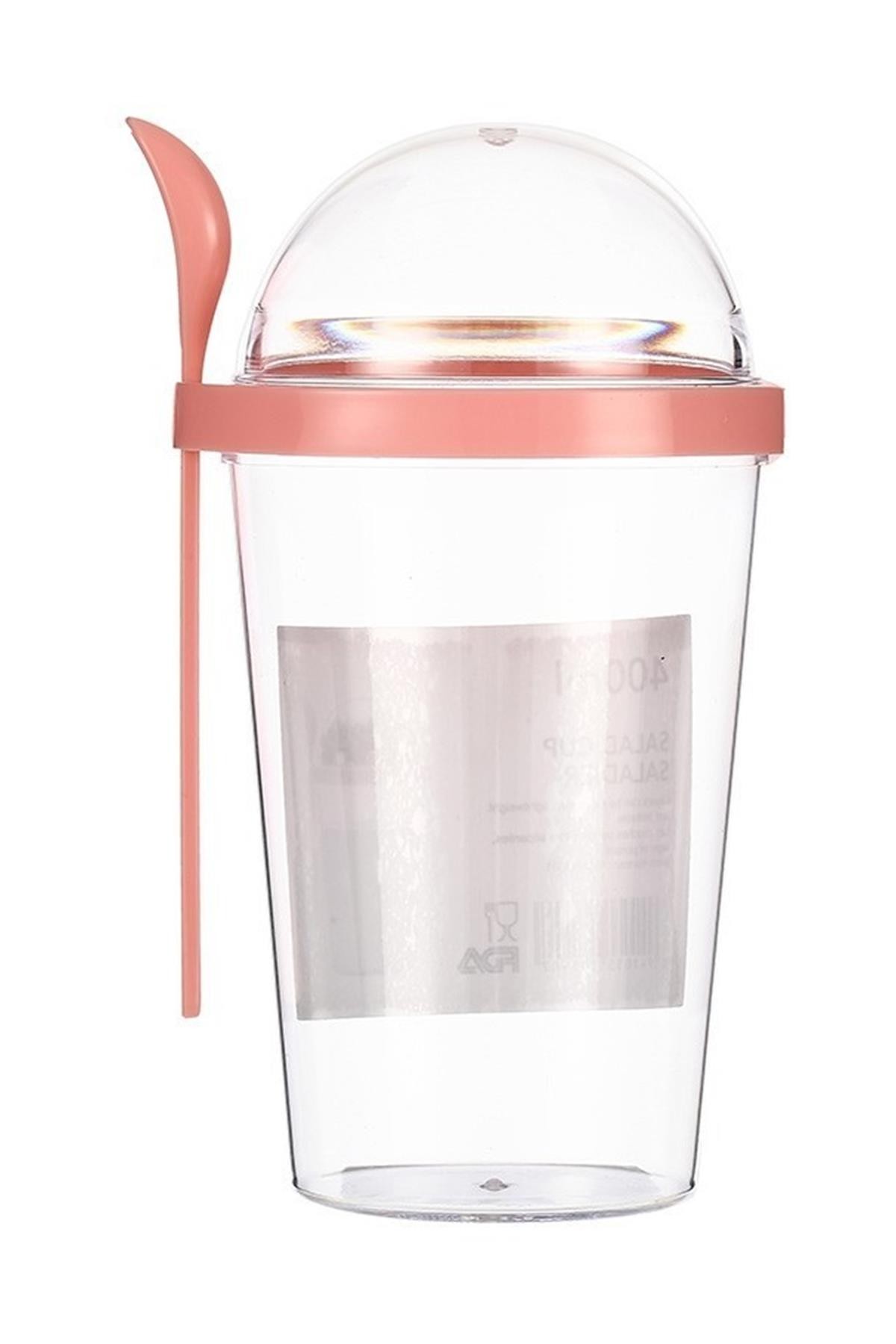 Çift Katlı Kaşıklı Salata Bardağı Pembe 400 Ml