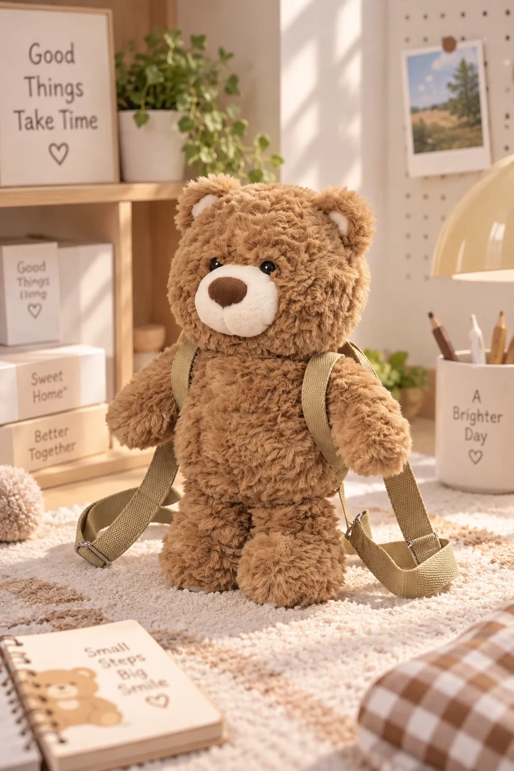 Miniso Lisanslı Hediye Ayı Peluş Sırt Çantası Kahverengi Ayarlanabilir Askılı Çocuk Çantası