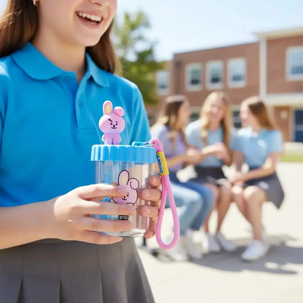 BT21 Lisanslı Cooky Süslemeli ve Askılı Plastik Pipetli Şişe 520 ML 18,8 Cm